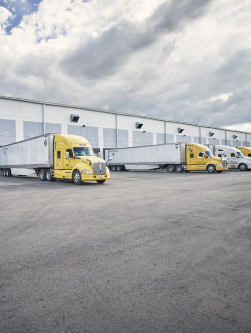 A row of semi-trucks parked in front of a building