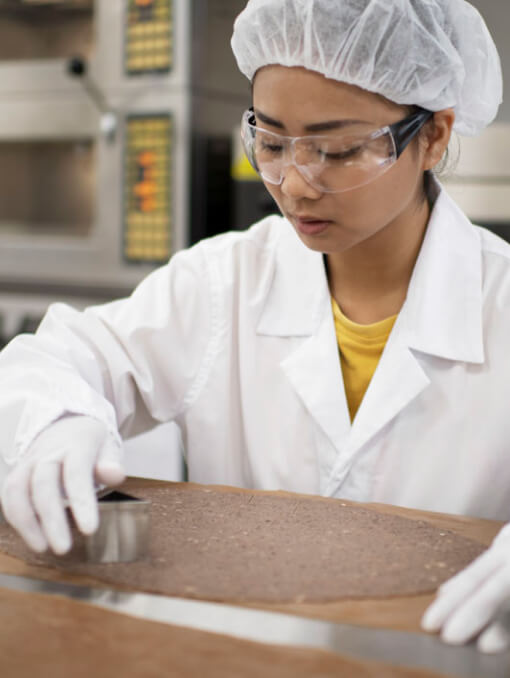 A person in a lab coat, hairnet, and gloves using a triangle cutter to cut out chips