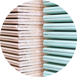 stacked pink and blue boards