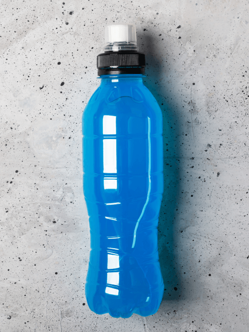 A bottle of a blue energy drink colored using naturally derived solutions 