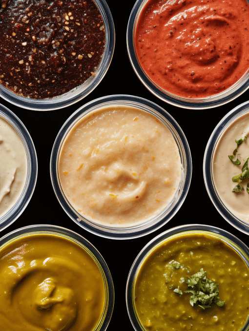 Multiple bowls of dips, sauces, and dressings
