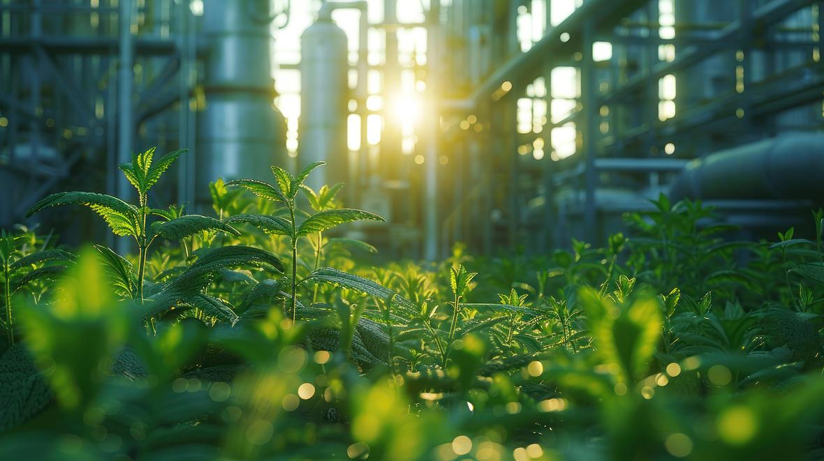 Closeup of green plants with industrial machinery in the background