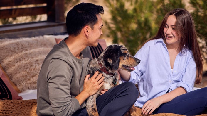 Couple sitting outside on a bed petting a dog with desert plants in background Palm Springs