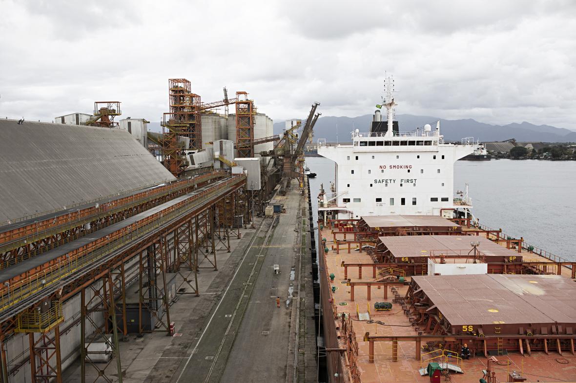 Aerial view of factory and boat dock